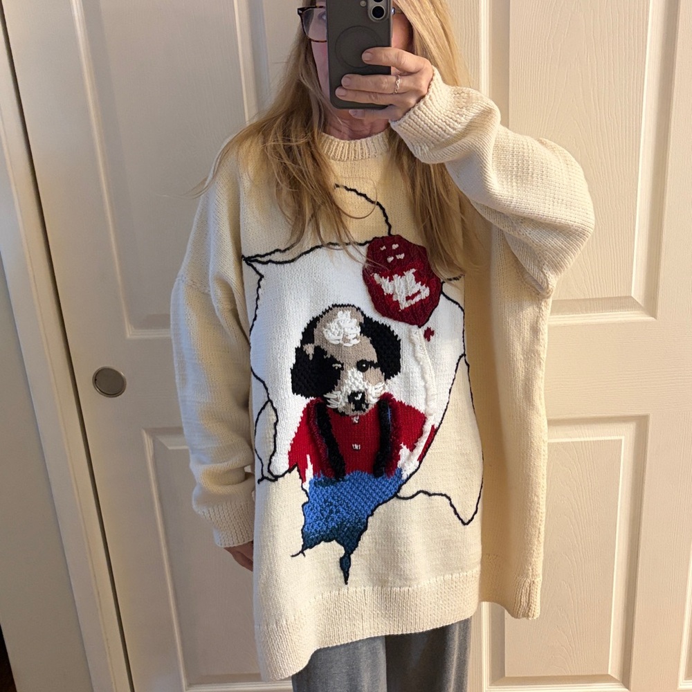 Loewe Cream Knit Sweater with Dog Graphic in Red, Blue and Black